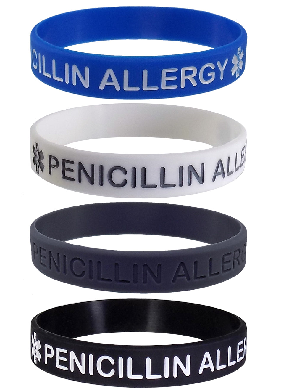 "PENICILLIN ALLERGY" Medical Alert ID Silicone Bracelet Wristbands 4 Pack