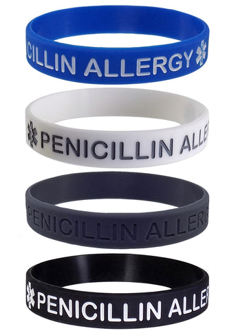 "PENICILLIN ALLERGY" Medical Alert ID Silicone Bracelet Wristbands 4 Pack