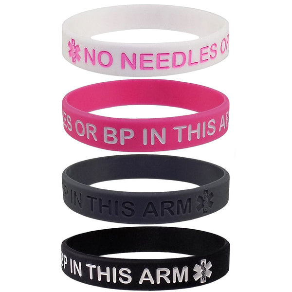 Extra Large 4 PACK - Lymphedema Alert "NO NEEDLES OR BP THIS ARM" Wristbands