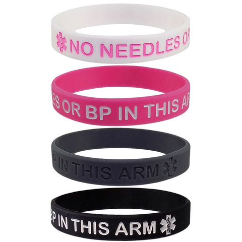 4 PACK - Lymphedema Alert "NO NEEDLES OR BP THIS ARM" Wristbands