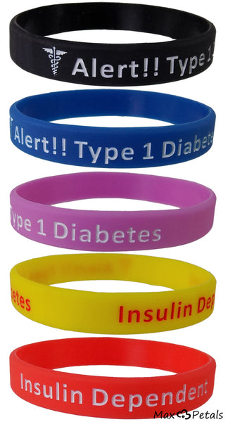 5 Pack - "Diabetes Type 1 Insulin Dependent" Silicone Bracelet Wristbands