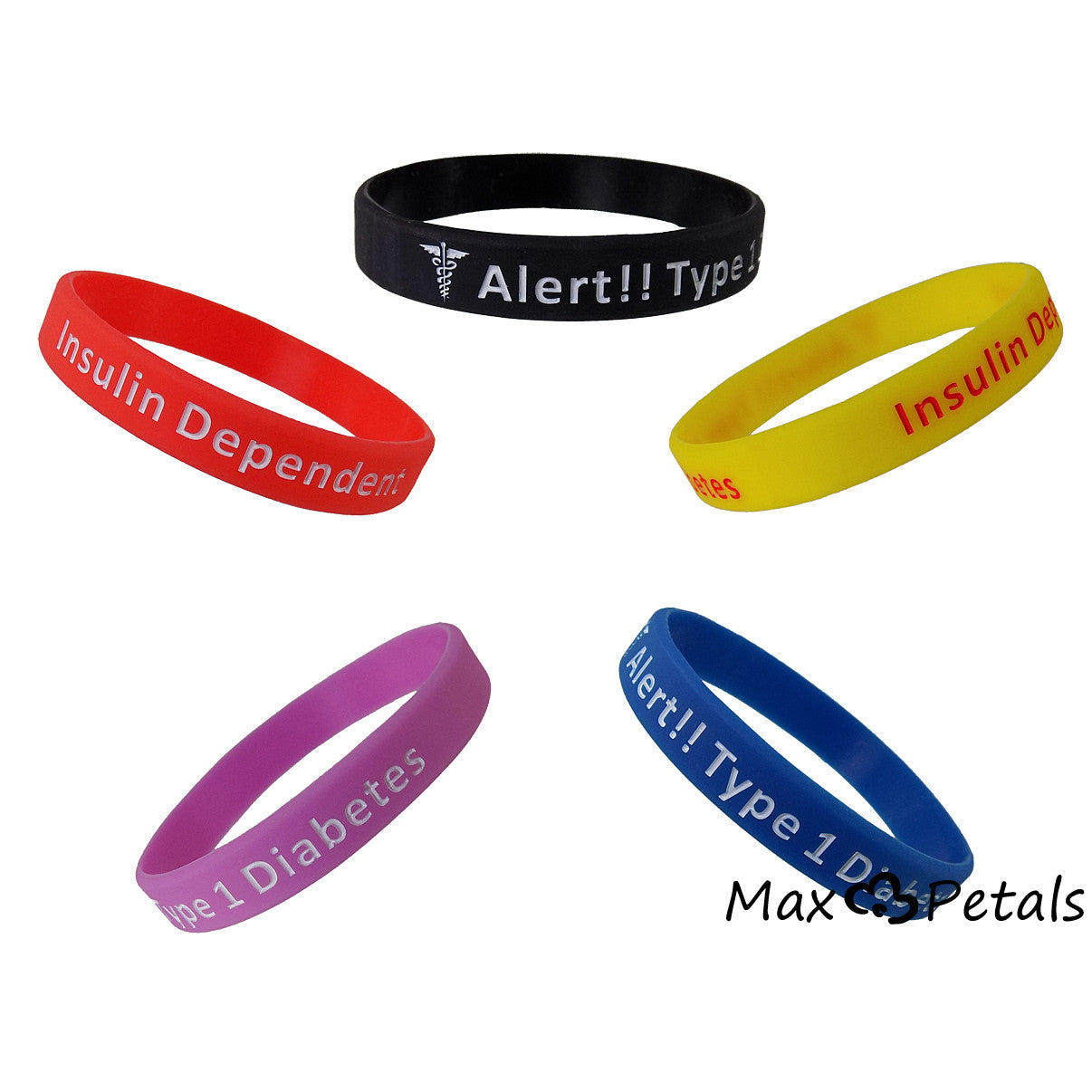 5 Pack - "Diabetes Type 1 Insulin Dependent" Silicone Bracelet Wristbands