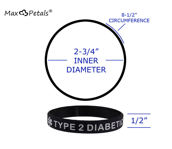 Extra Large "TYPE 2 DIABETIC" Medical Alert ID Silicone Bracelet Wristbands 4 Pack Black, Blue, Grey and White