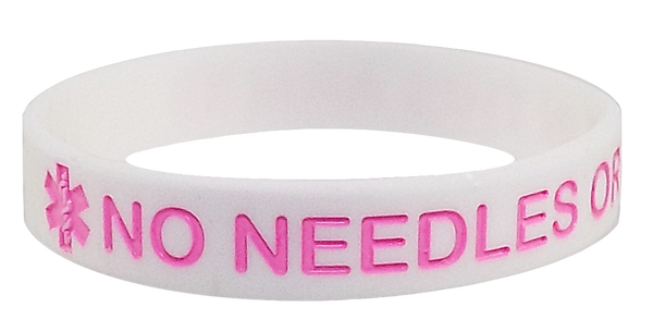 100 PACK "NO NEEDLES OR BP IN THIS ARM" Lymphedema Medical Alert ID Silicone Bracelet Wristbands ADULT SIZE (8 Inches)